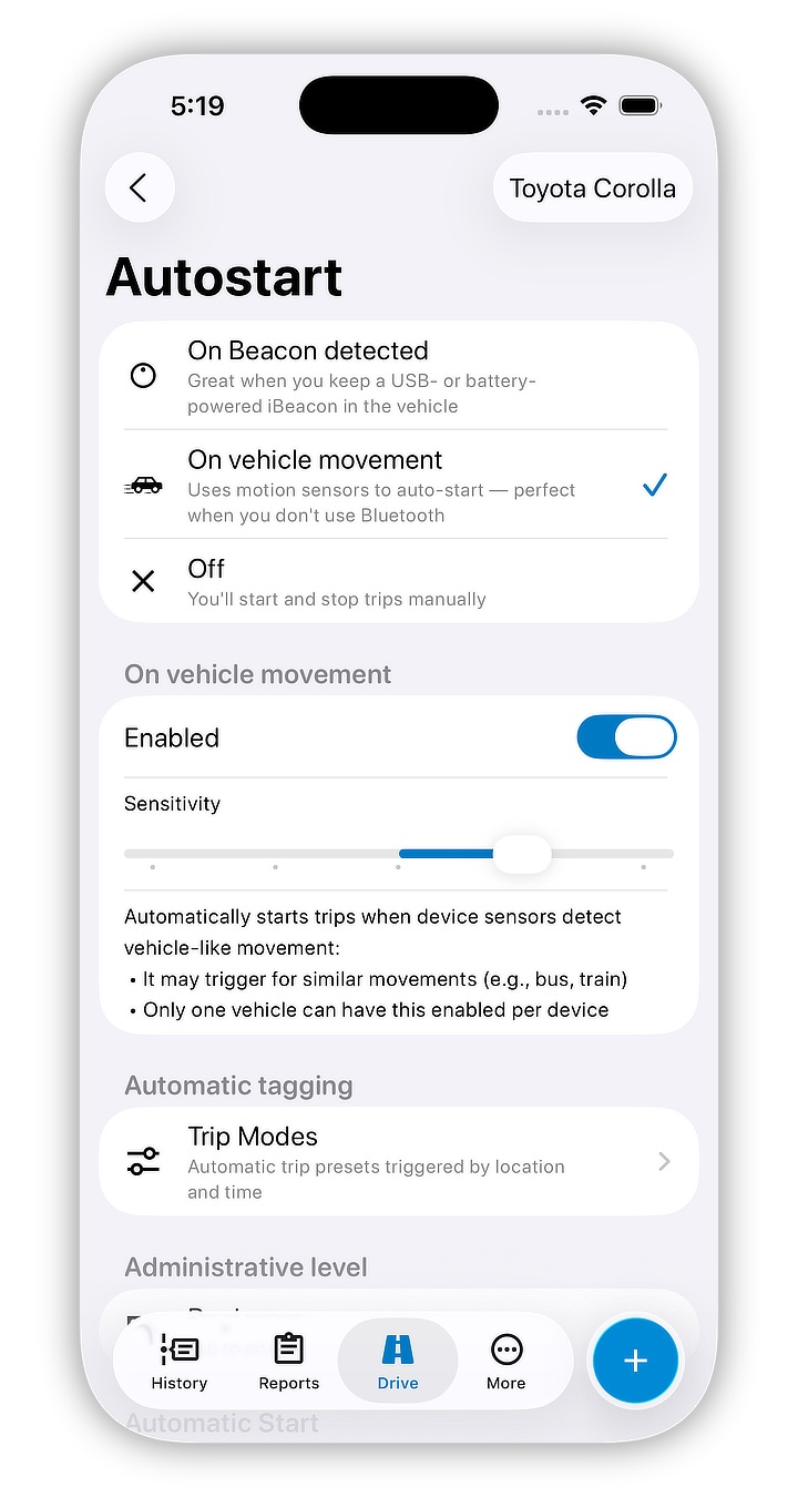 Trip tracking autostart settings screen screenshot