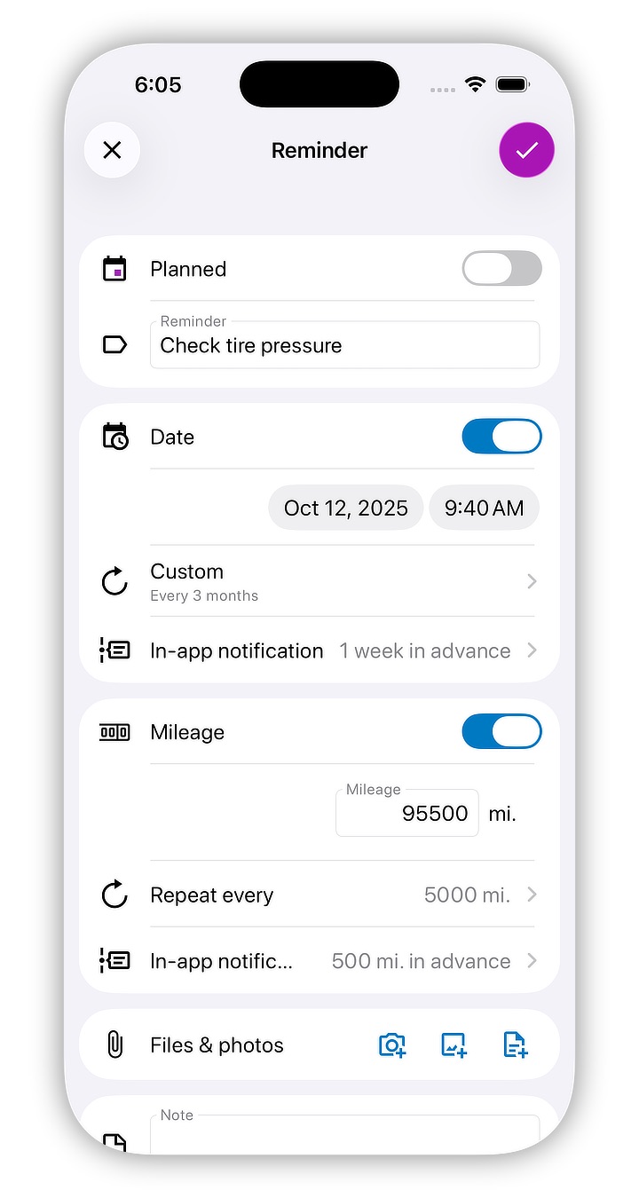 Reminder entry screen screenshot